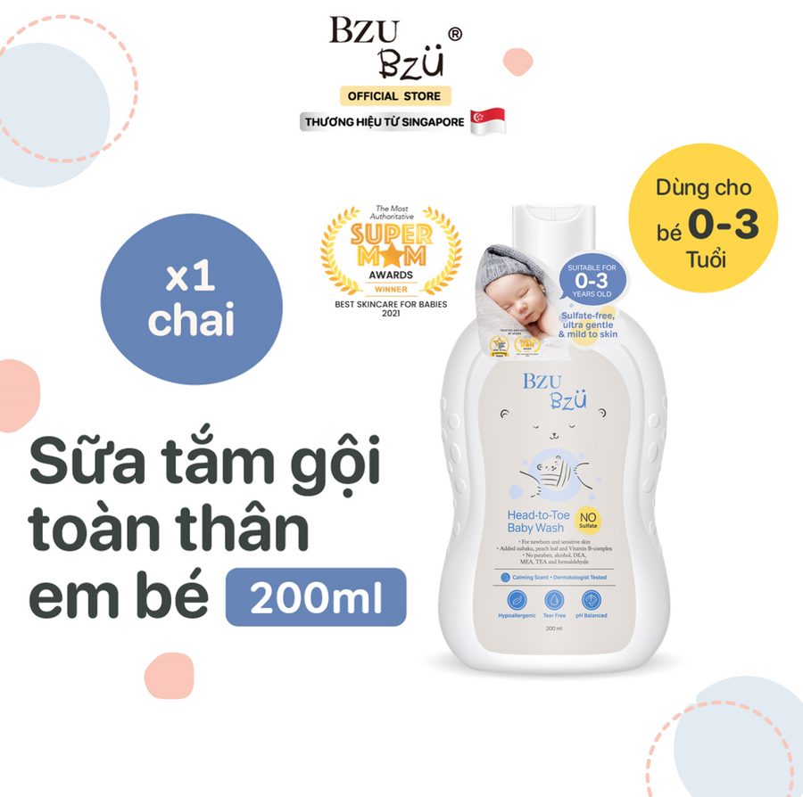 Sữa Tắm Gội Toàn Thân Cho Bé BZU BZU Head to Toe Baby Wash, 200ml