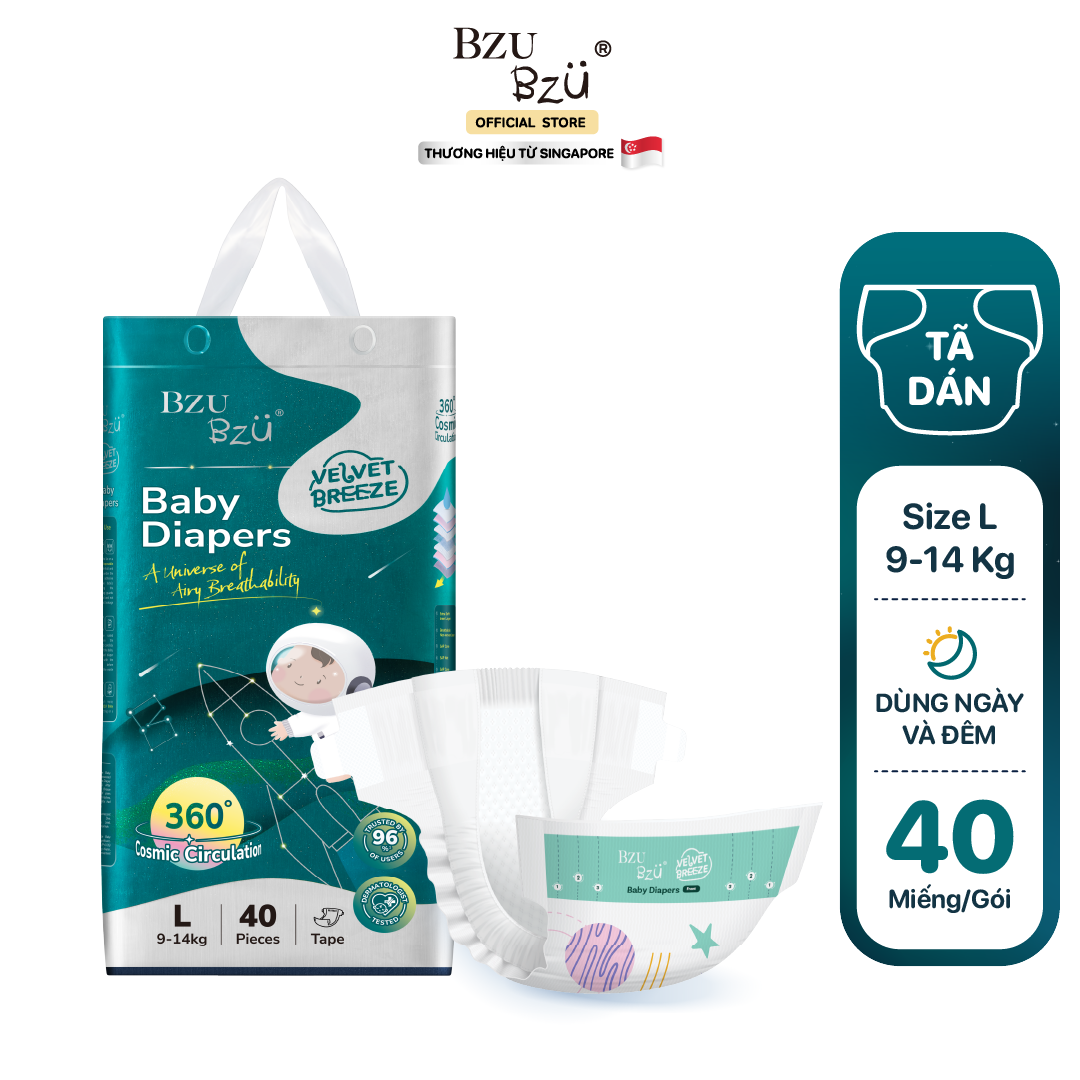 Tã dán dành cho bé sơ sinh BZUBZU VelvetBreeze - Chống tràn 14H - Khô thoáng - Size dưới 5Kg - 14Kg