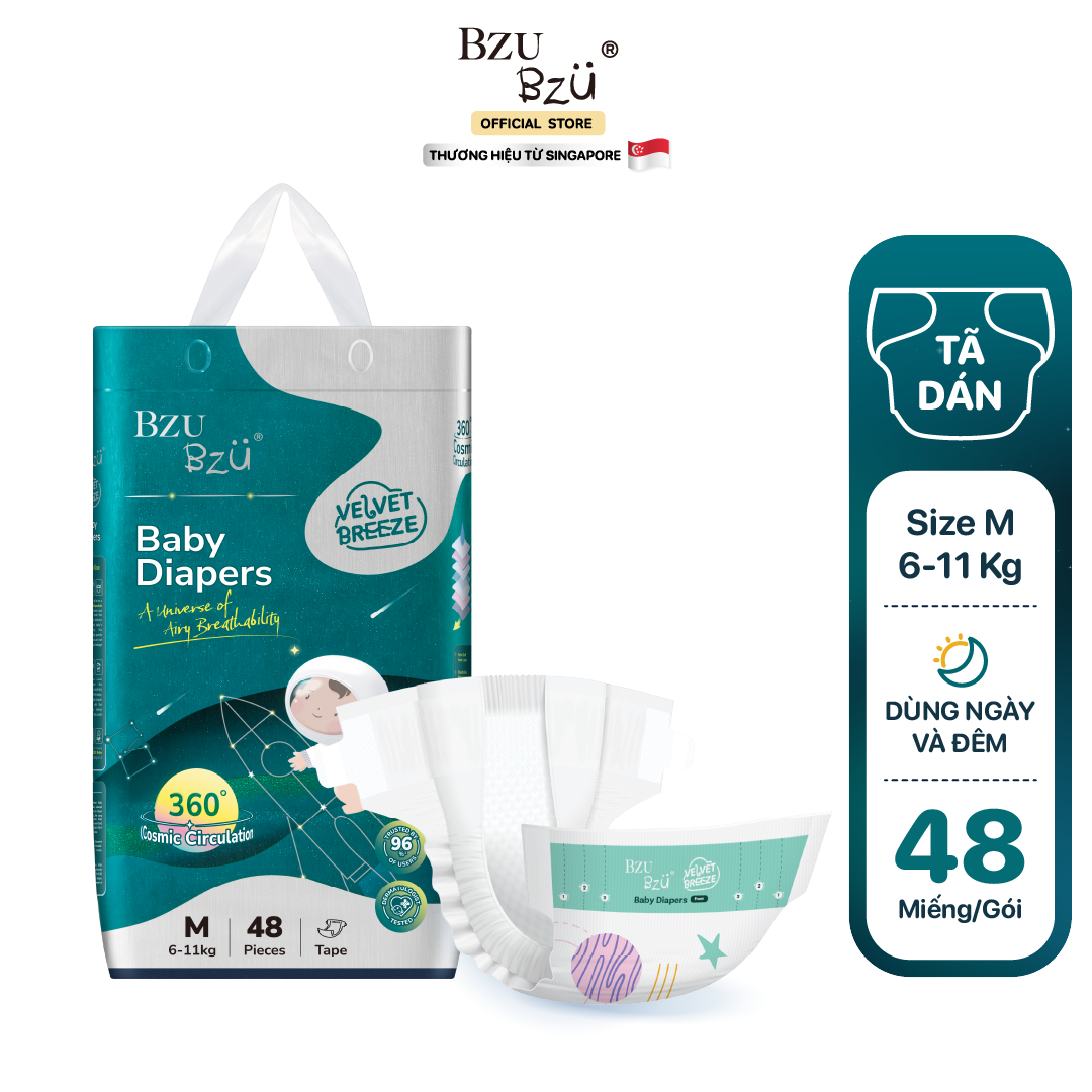 Tã dán dành cho bé sơ sinh BZUBZU VelvetBreeze - Chống tràn 14H - Khô thoáng - Size dưới 5Kg - 14Kg