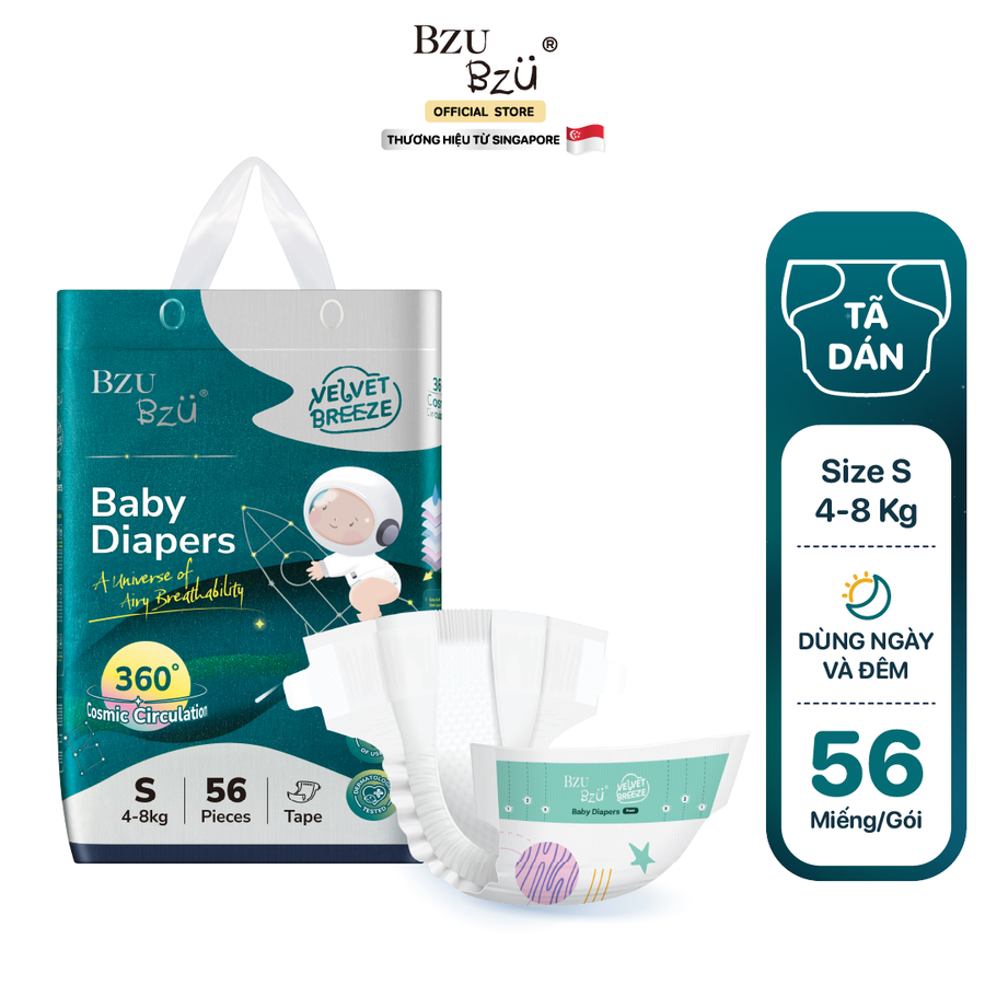 Tã dán dành cho bé sơ sinh BZUBZU VelvetBreeze - Chống tràn 14H - Khô thoáng - Size dưới 5Kg - 14Kg