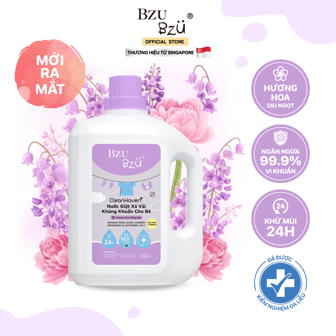 Nước giặt xả vải Kháng khuẩn cho bé 2 trong 1 BZU BZU CleanHaven Antibacterial 3L - Thơm lâu  An Toàn