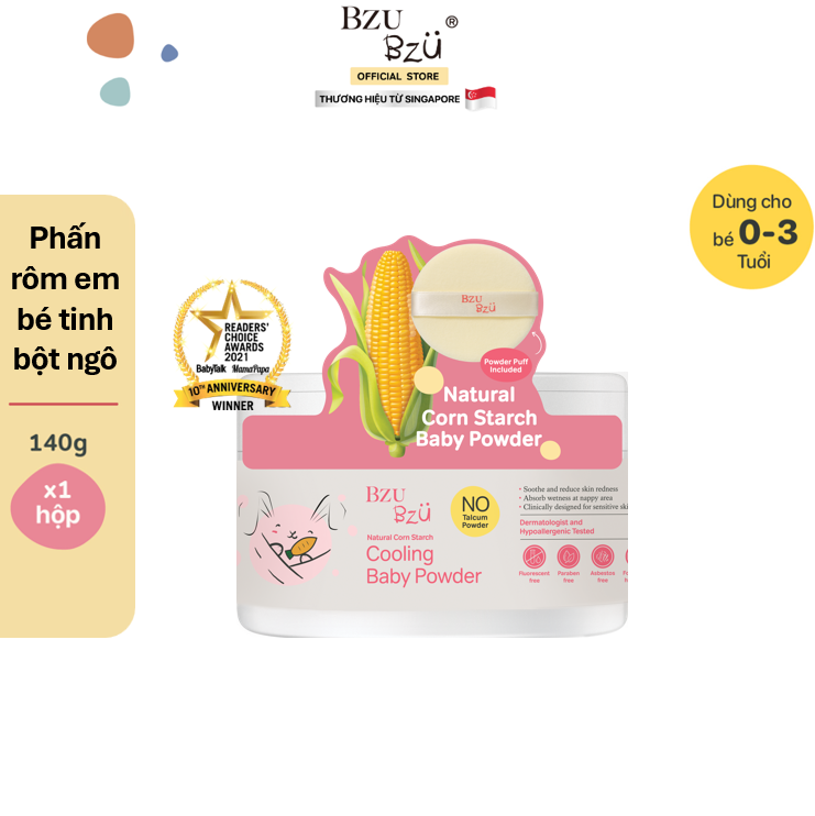 Phấn Rôm Tinh Bột Ngô BZU BZU Cooling Baby Powder, 140g