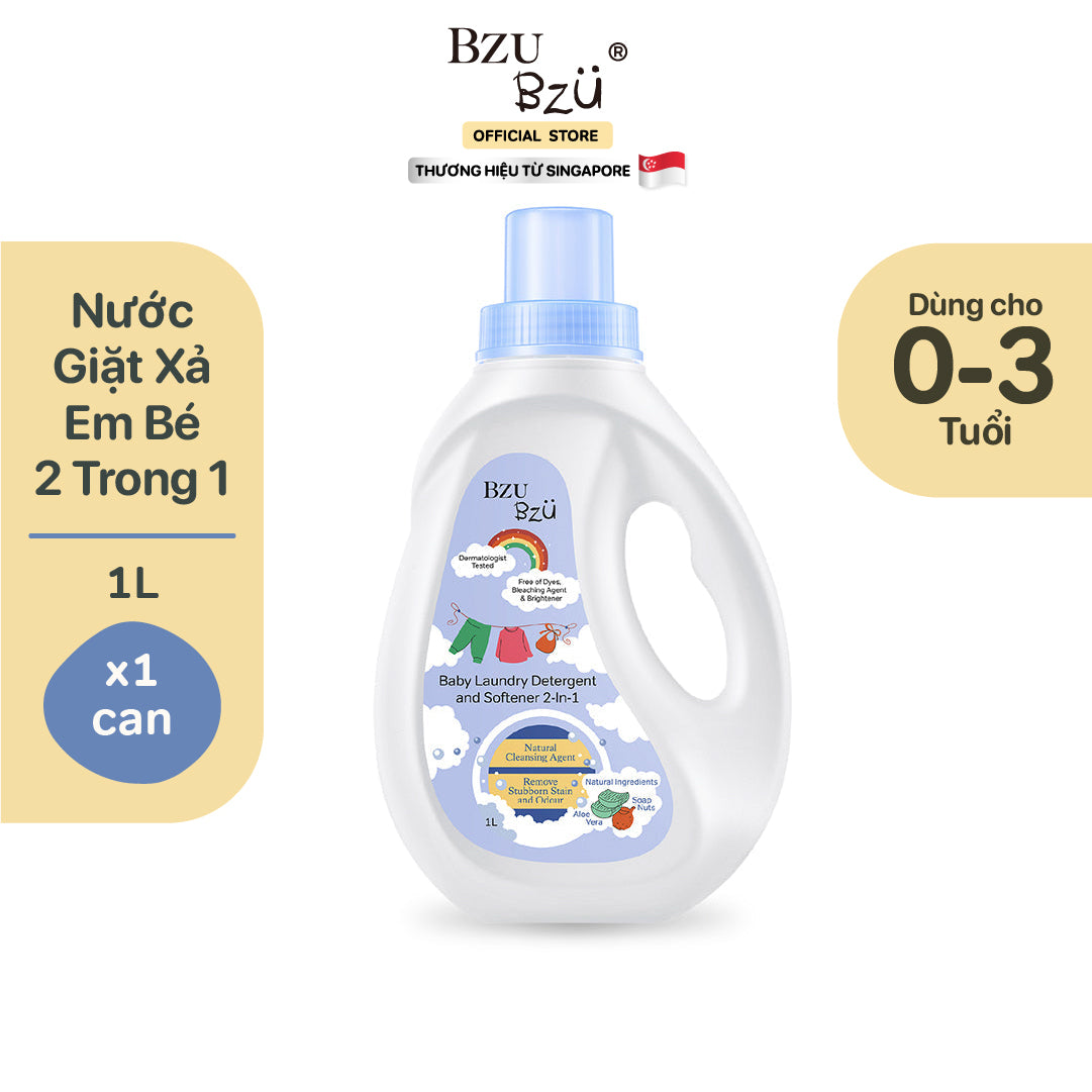 Nước Giặt Xả Quần Áo Em Bé BZU BZU Baby Laundry Detergent & Softener 2-in-1, 1L