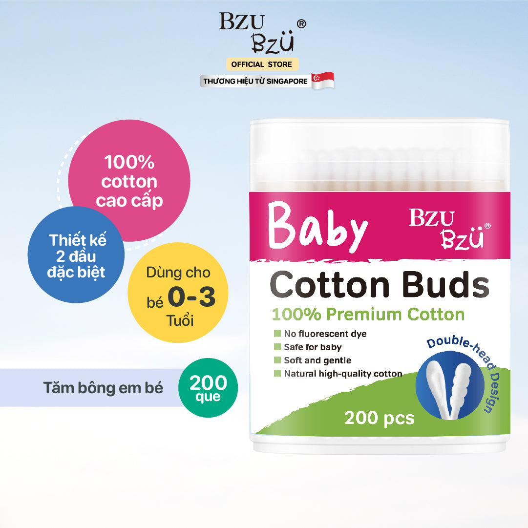 Tăm bông cotton em bé Bzu Bzu Cotton Buds 200pcs