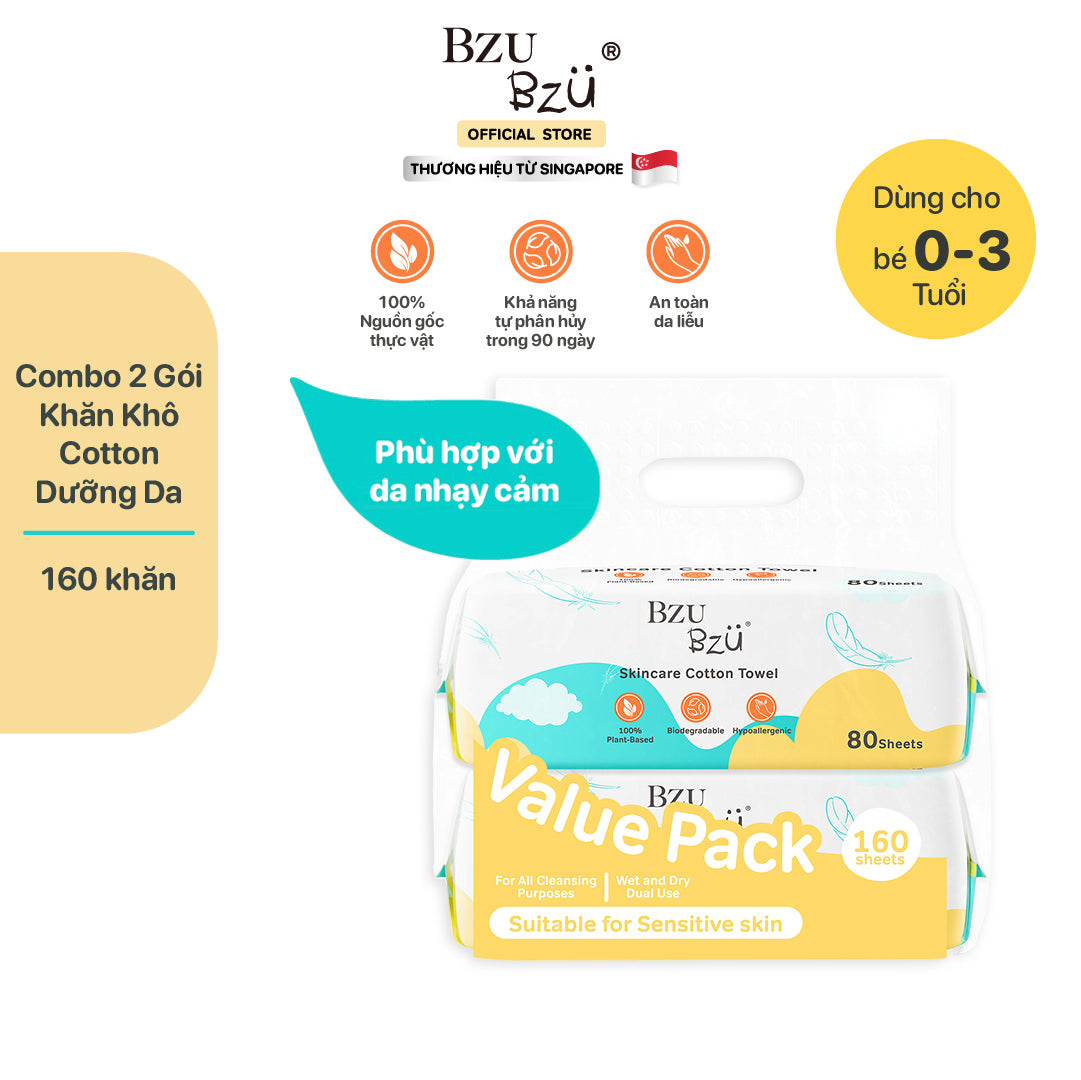 Combo Khăn khô đa năng BZU BZU Cotton Towel Value Pack (2 gói = 160 tờ)