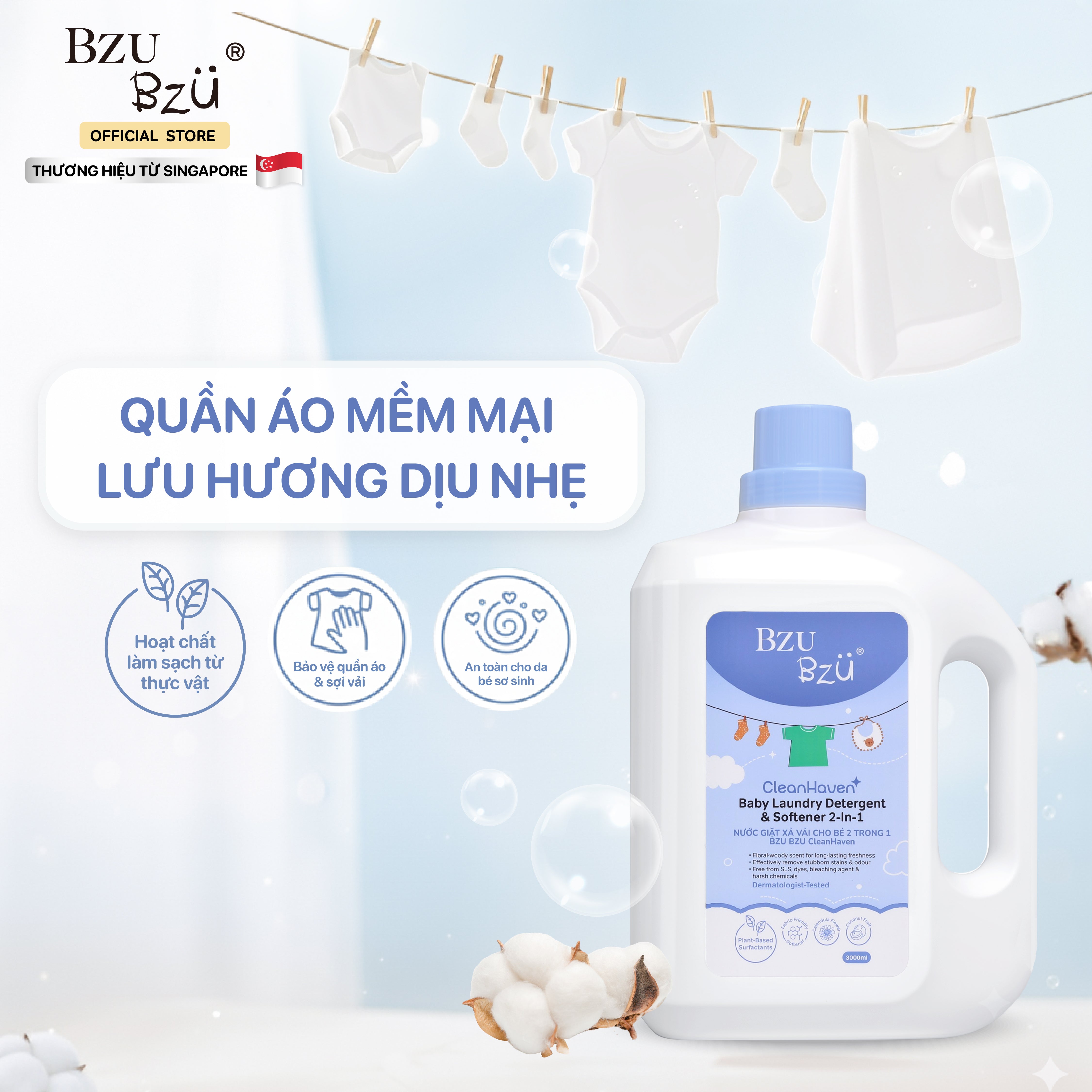 Nước giặt xả vải cho bé 2 trong 1 BZU BZU CleanHaven Original 3L - Thơm lâu  An Toàn