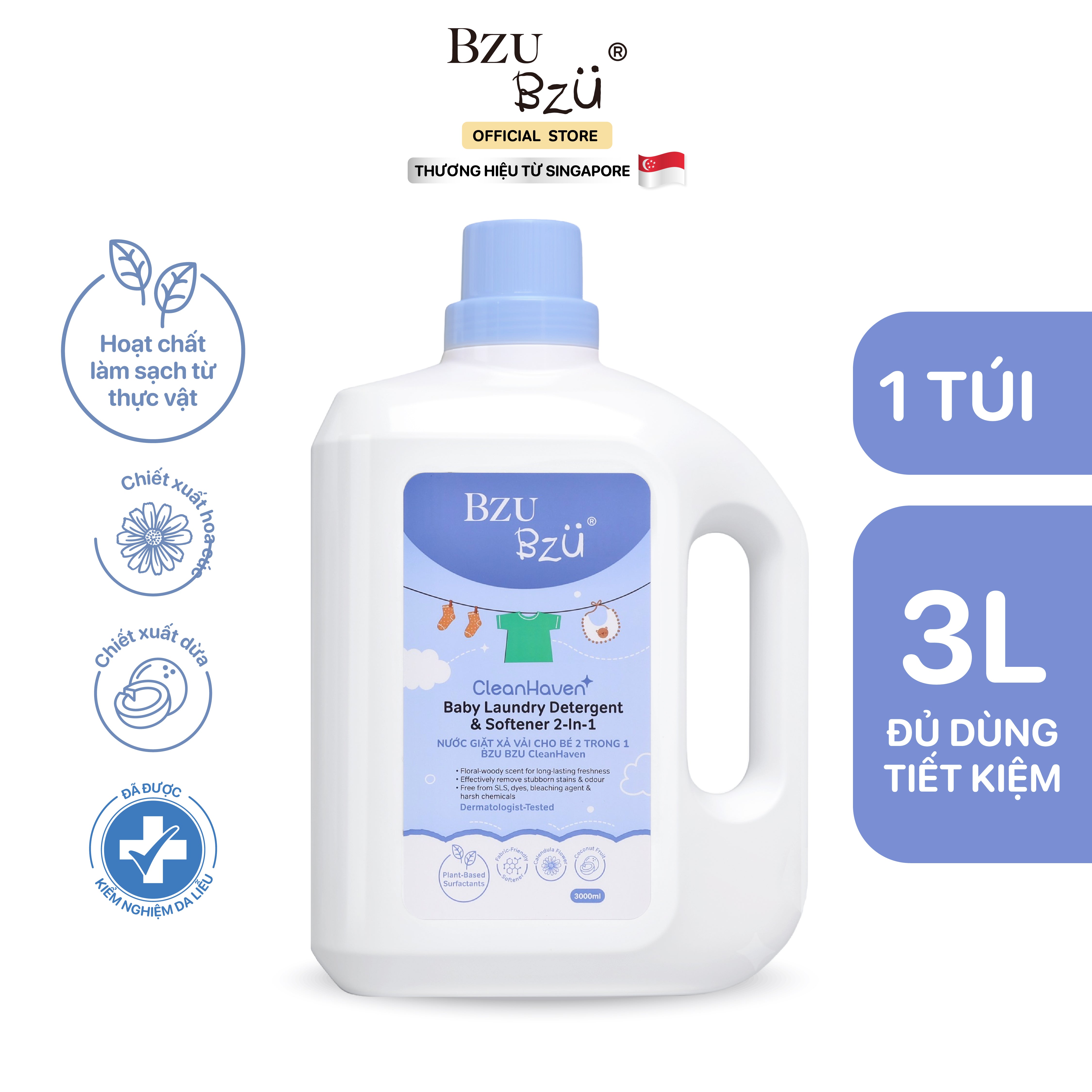 Nước giặt xả vải cho bé 2 trong 1 BZU BZU CleanHaven Original 3L - Thơm lâu  An Toàn