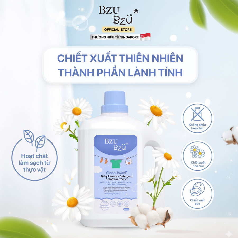 Nước giặt xả vải cho bé 2 trong 1 BZU BZU CleanHaven 3L - Thơm lâu, An Toàn, Không hóa chất