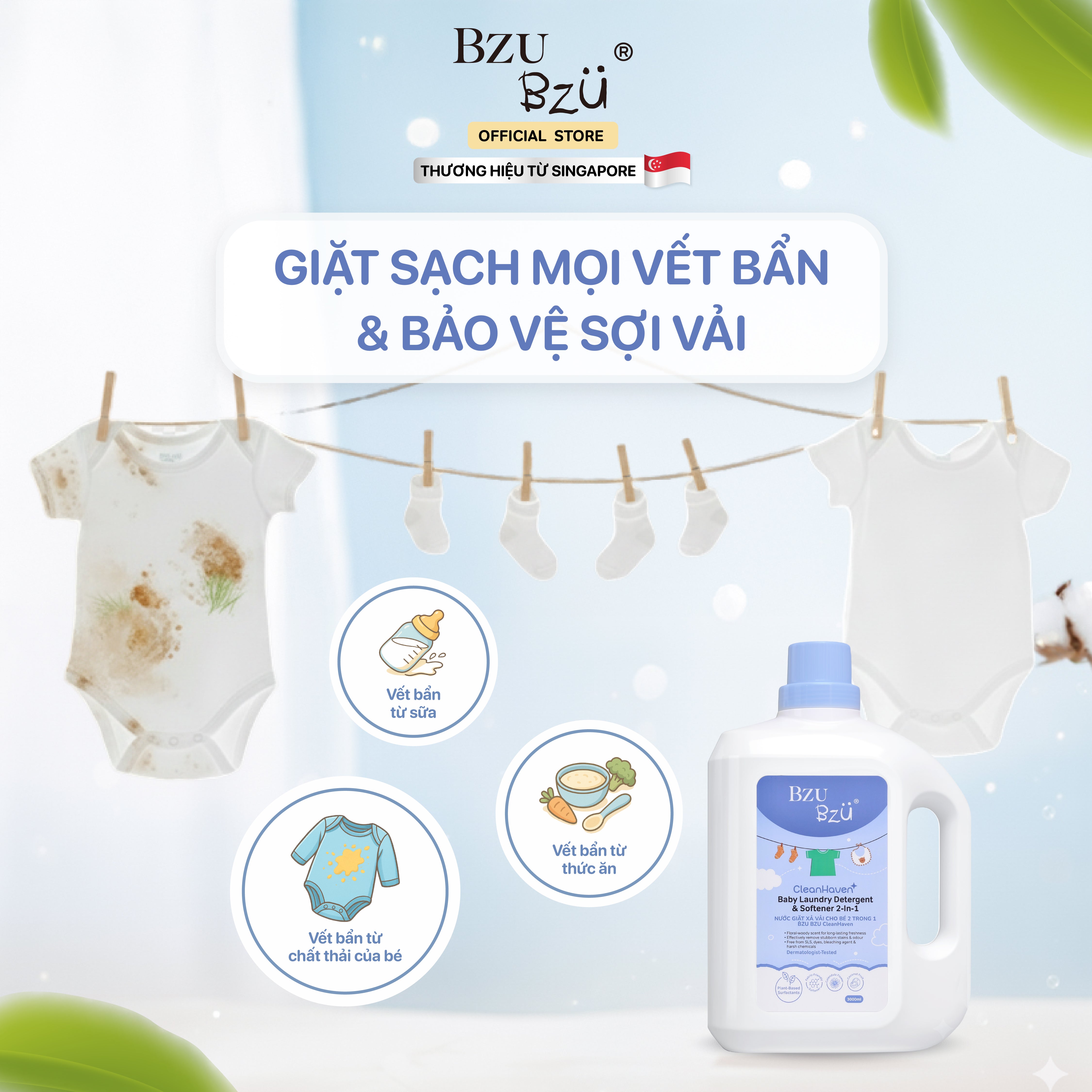 Nước giặt xả vải cho bé 2 trong 1 BZU BZU CleanHaven Original 3L - Thơm lâu  An Toàn